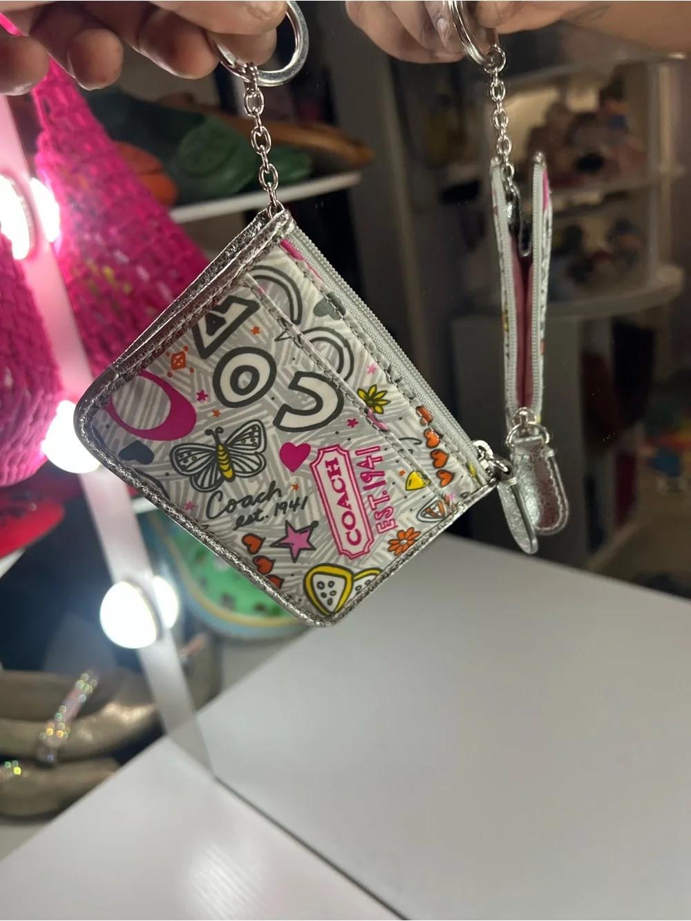 Coach Silver-Trim Poppy Graphic Card Case Keychain